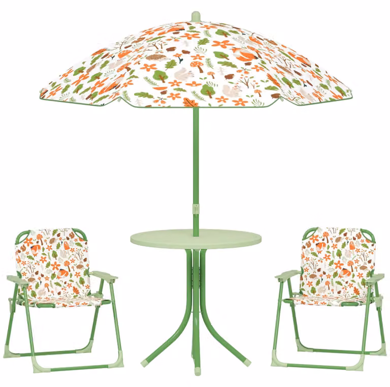 Set da Giardino per Bambini 2-5 Anni con Tavolino 2 Sedie e un Ombrellone Verde