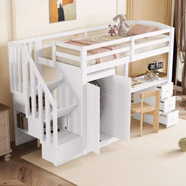 Letto a soppalco 90x200 cm con armadio; scrivania; 3 cassetti e scala contenitore; bianco