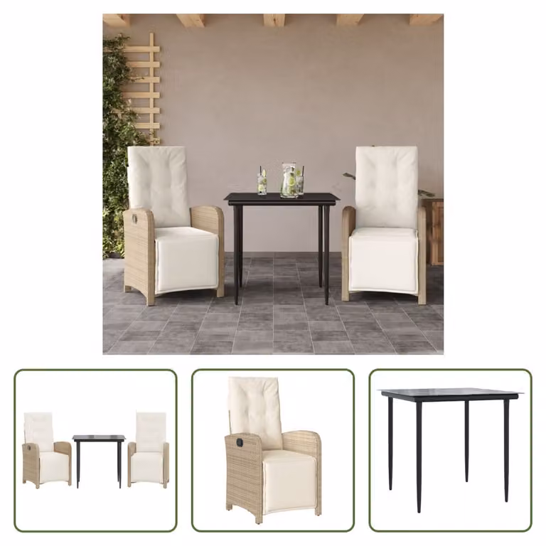 The Living Store Set da bistrot 3 pezzi con cuscini Beige poly rattan