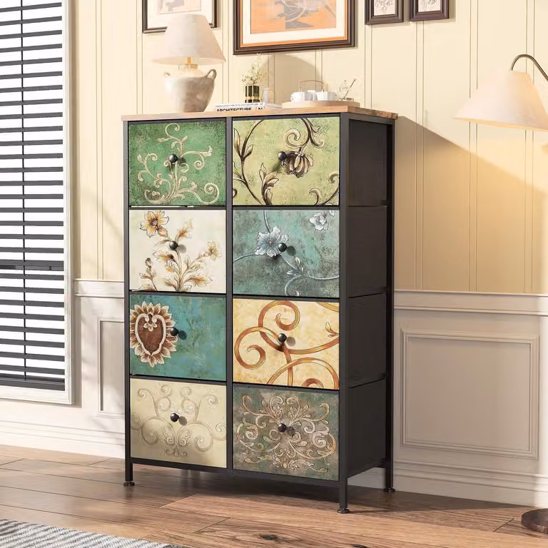 Comodino con 8 cassetti rivestiti in tessuto, stile boho vintage, colorato, struttura in acciaio