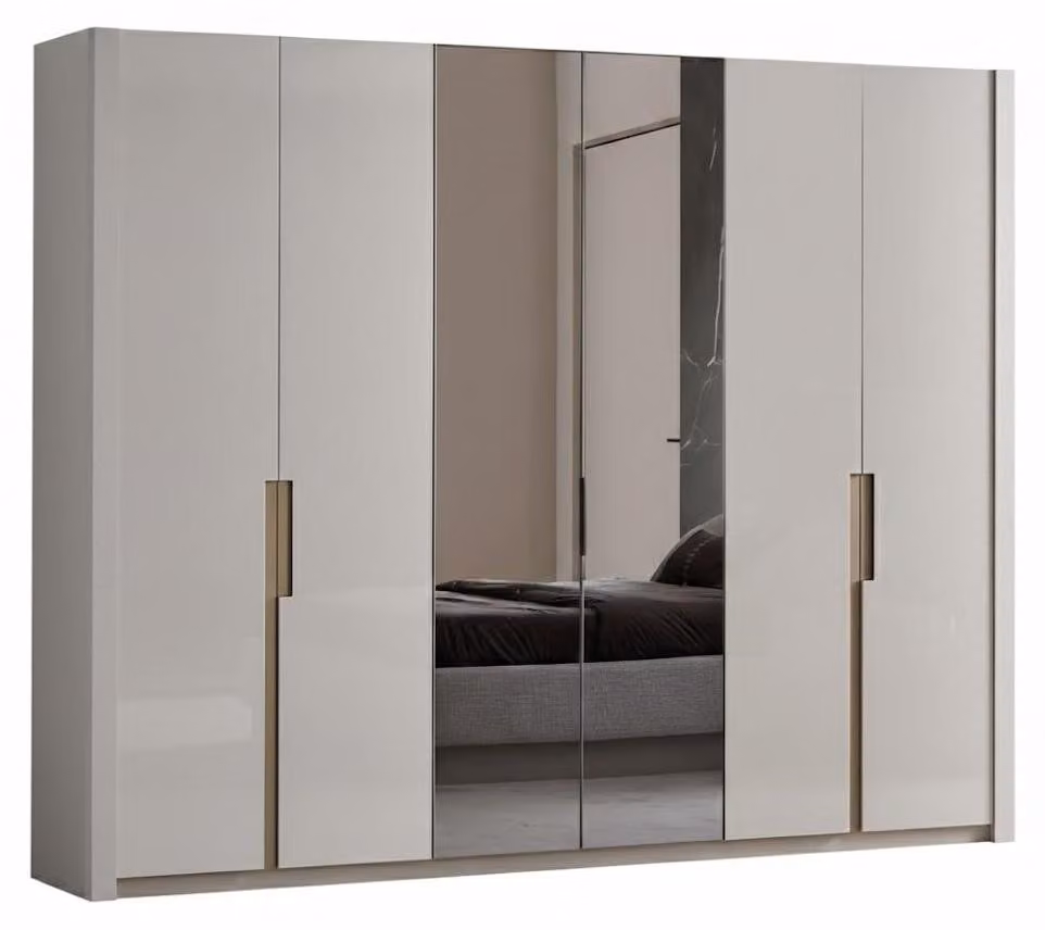 Armadio beige, stile moderno, struttura in legno, facciata a specchio