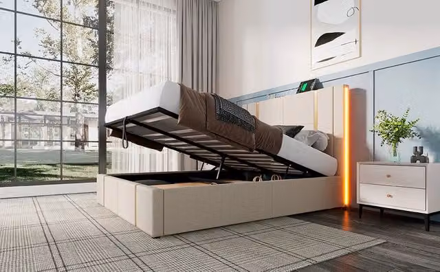 Letto imbottito in lino 140x200 cm beige con contenitore idraulico, luci LED RGB, USB e Type-C