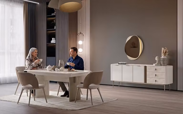 Tavolo, sedie, credenza, specchio, set moderno, colore bianco