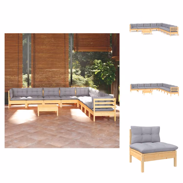vidaXL Set di 10 pezzi da giardino con cuscini grigi in pino massiccio - Set di mobili da giardino