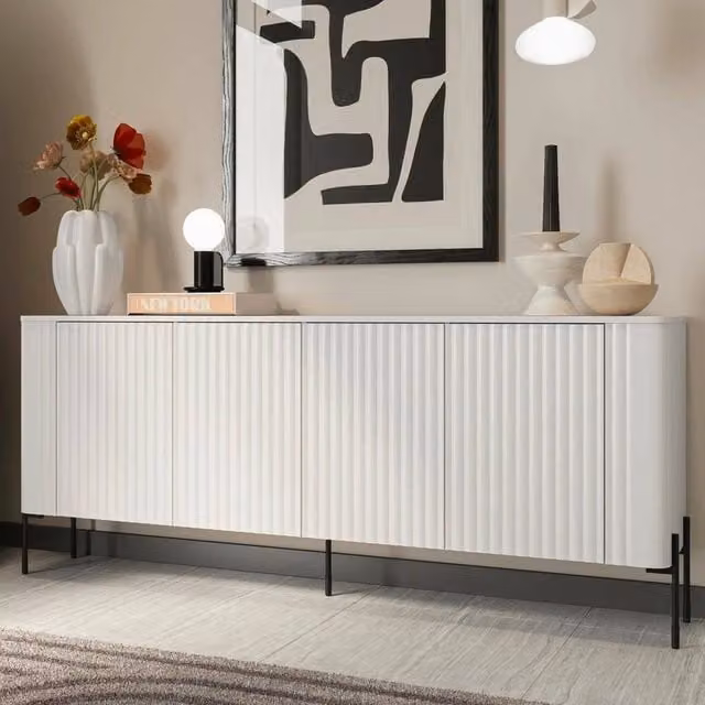 Credenza Laion DMORA, Madia da salotto moderna con quattro ante battenti, Bianco opaco, L: 190 cm, P: 40 cm, H: 80 cm