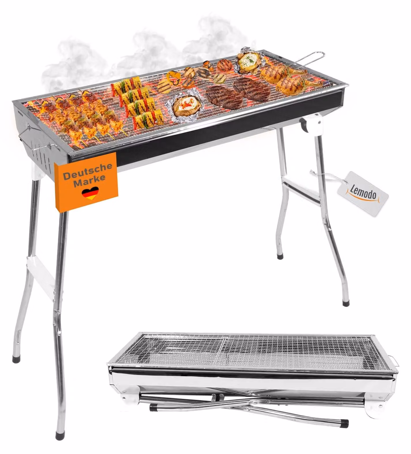 Barbecue a carbonella pieghevole - Acciaio inossidabile - 66,5 x 30 cm barbecue da campeggio - Per campeggio e picnic