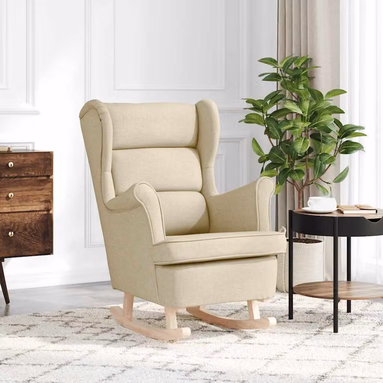 Sedia a dondolo vidaXL con braccioli in tessuto e schiuma, colore beige, L: 74 cm, P: 90 cm, H: 102 cm