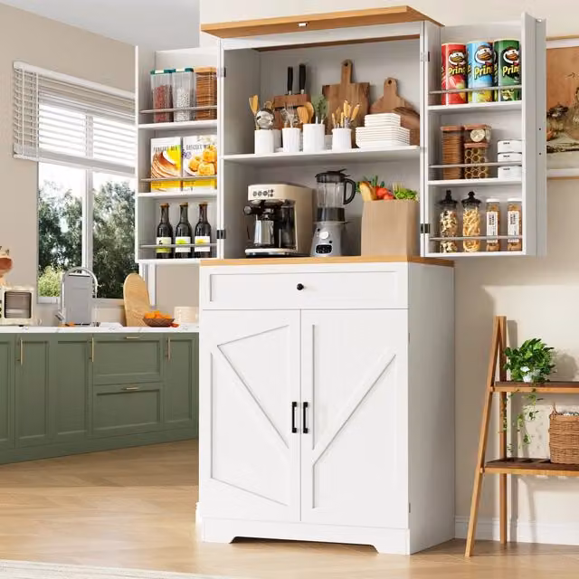 Credenza da cucina alta con ripiani aperti e cassetti, in MDF bianco, per cucina e soggiorno, 80 × 40 × 180 cm