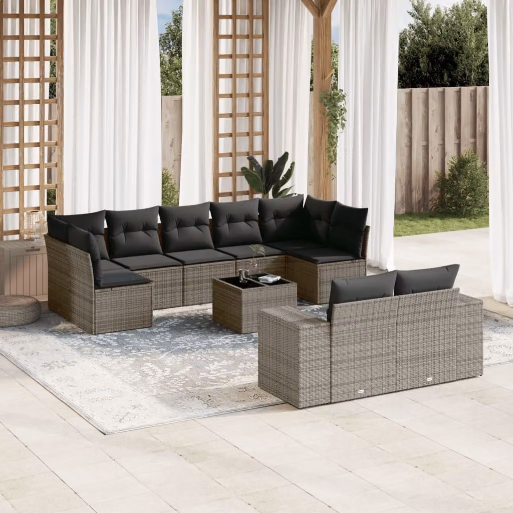 vidaXL Set Divano da Giardino a L 10 pz con Cuscini Grigio in Polyrattan e Tavolino in Vetro – 1