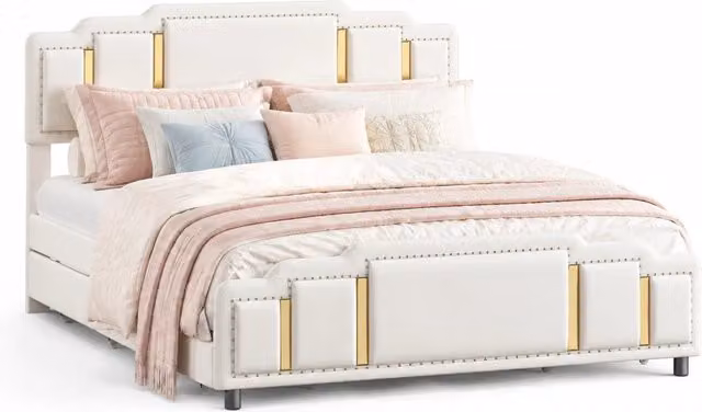 Letto matrimoniale Chicfurn con cassetti e illuminazione LED sottostante, rivestito in velluto beige, L/P/H: 160 x 200 x 106,5 cm