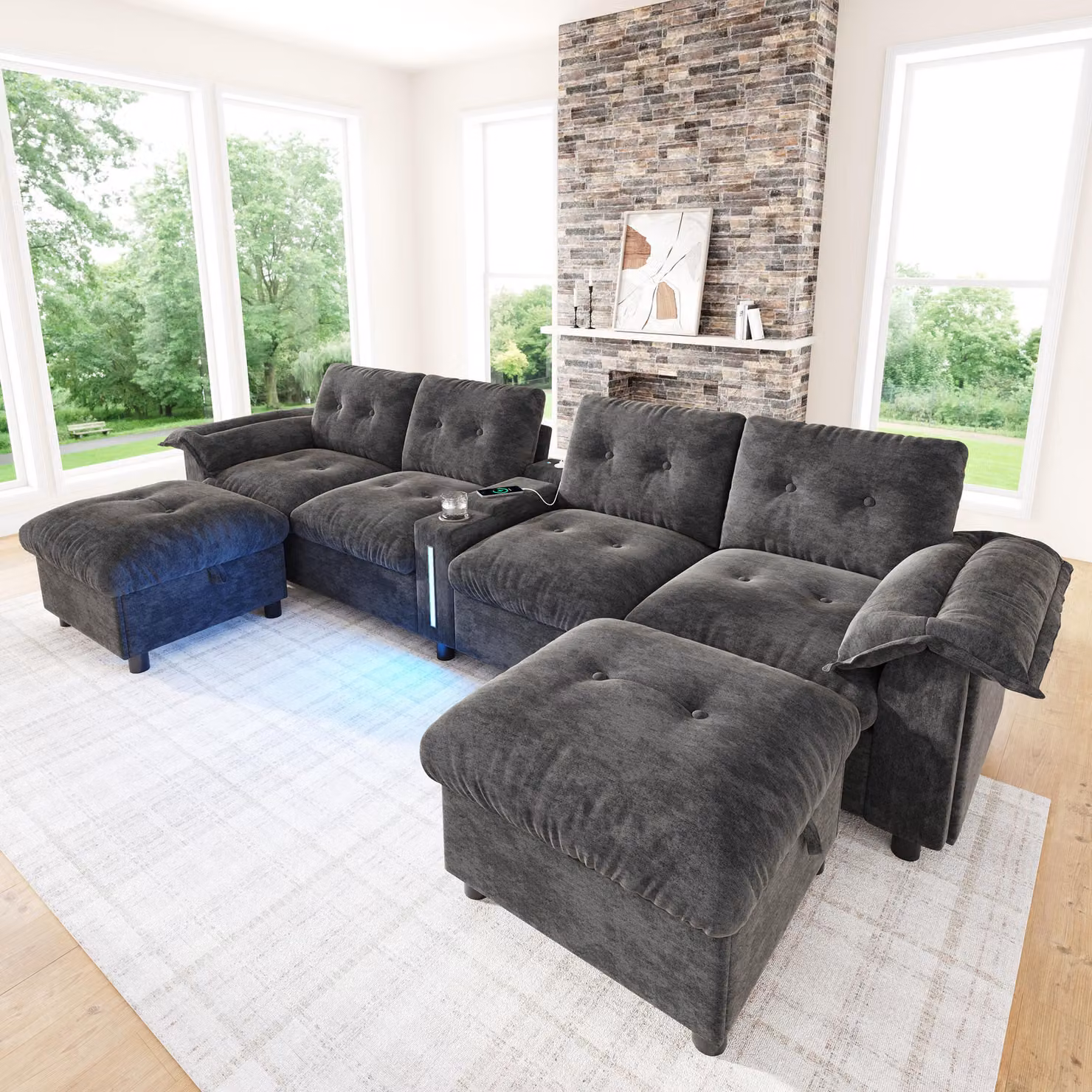 Divano angolare MODFU, 6 posti, divano modulare relax a forma di U o L, divano letto con 2 poggiapiedi contenitori, consolle centrale con USB e Type-C, illuminazione LED, tessuto in chenille, colore grigio