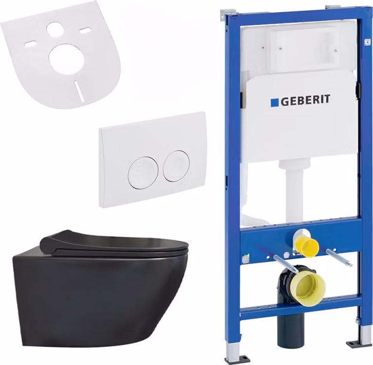 Set WC da parete Belvit senza brida, nero opaco, con sedile WC Softclose e elemento da incasso Geberit UP100 in Vetroceramica