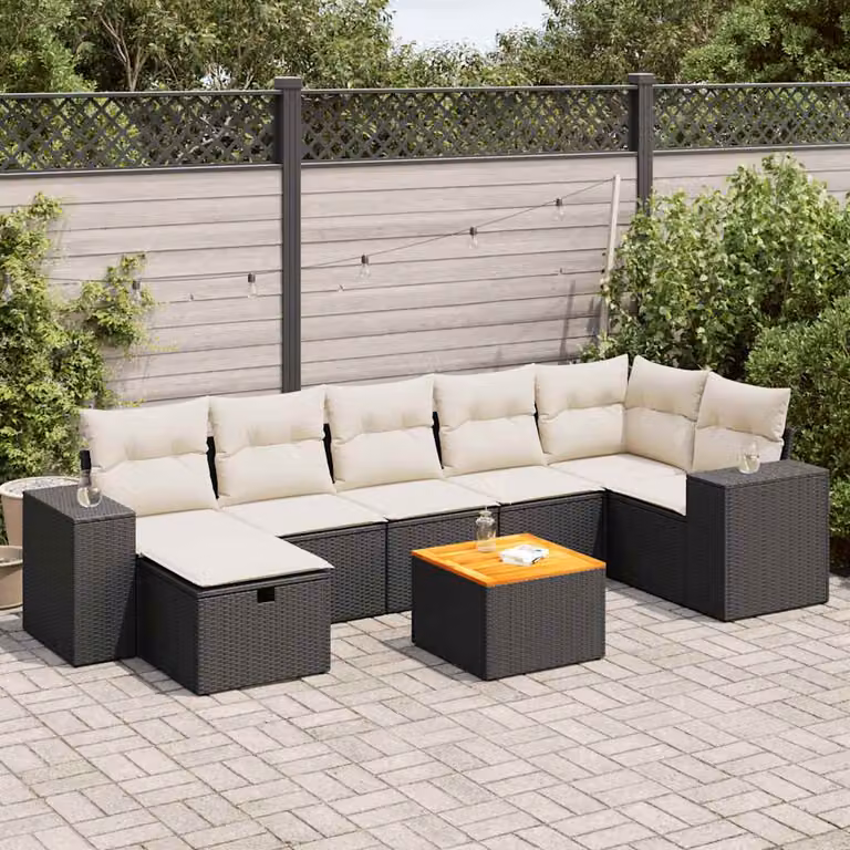 Set Divano da Giardino a L vidaXL in Polyrattan con 8 Pezzi e Cuscini, Nero