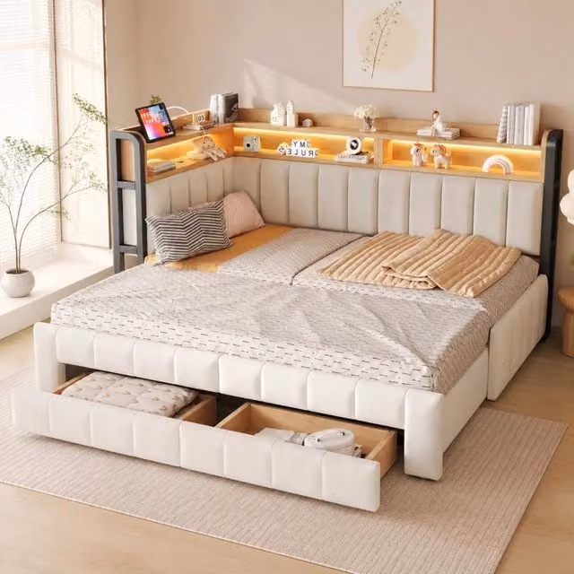 Divano letto Mivray moderno in velluto beige con tecnologia LED e porte USB e Type-C, trasformabile da 90 x 200 cm a 180 x 200 cm