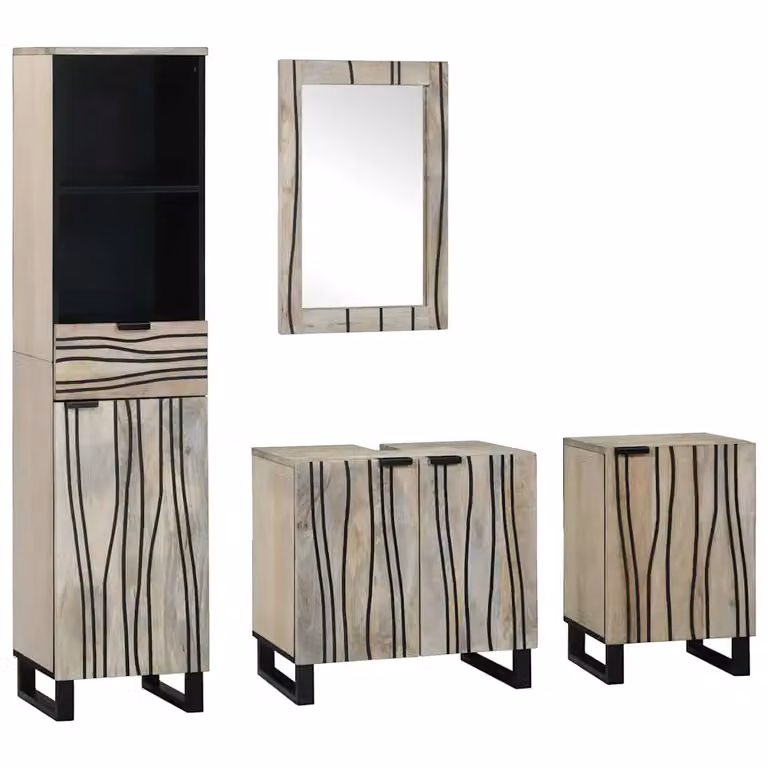 Set di mobili per il bagno moderno vidaXL composto da 4 pezzi in marrone e nero con armadio alto, mobile lavabo, armadietto laterale e armadietto con specchio