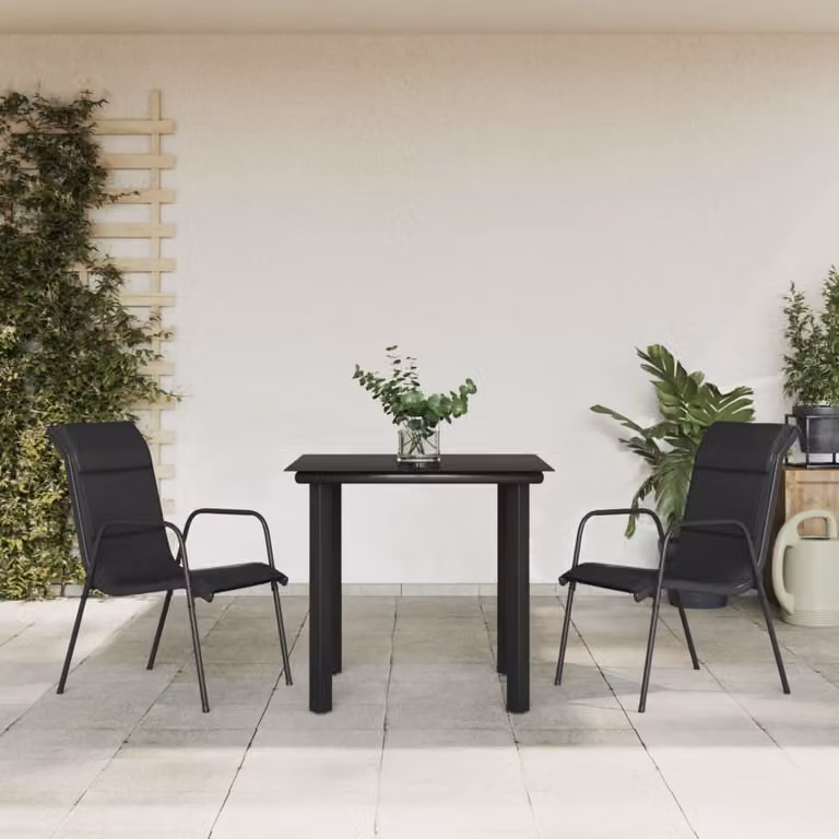 The Living Store Set da pranzo da giardino a 3 pezzi in acciaio nero e textilene