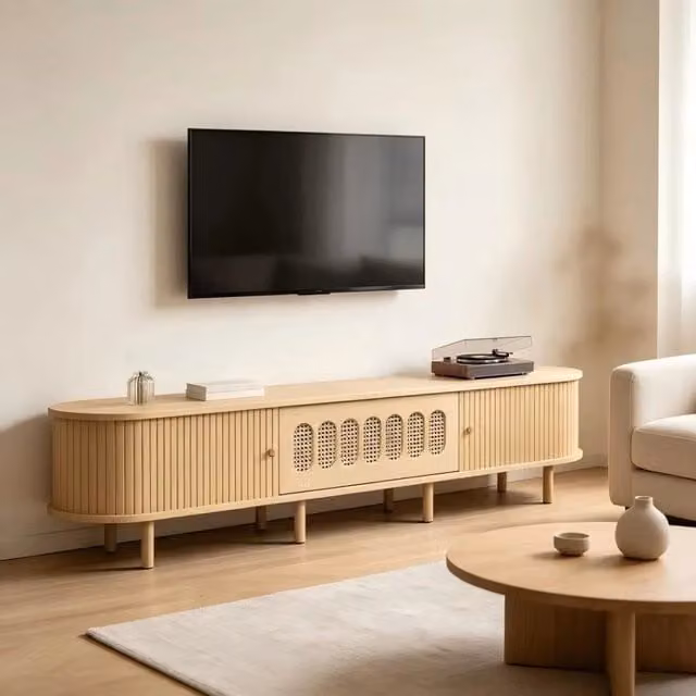Mobile TV Mivray beige in MDF e rattan con anta a ribalta e 2 serrande laterali L/P/H: 180 x 40 x 40 cm