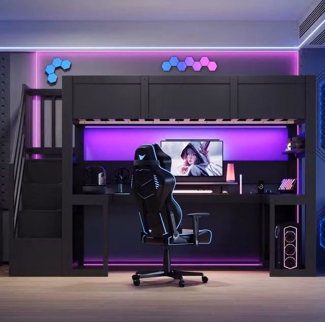 Letto a soppalco gaming 90x200 cm con scrivania, scala con contenitori, illuminazione LED e porta USB, nero