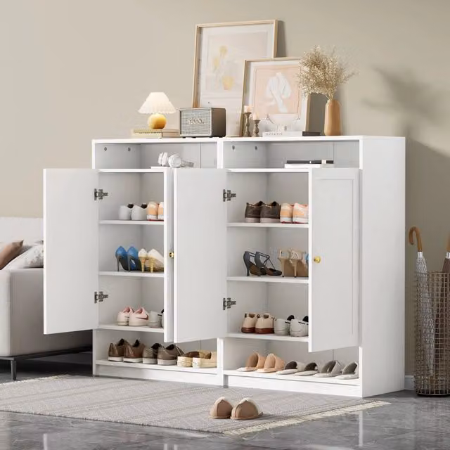Scarpiera moderna con 2 ante e ripiani regolabili in MDF bianco opaco per ingresso, L: 146 cm, P: 34 cm, H: 109 cm