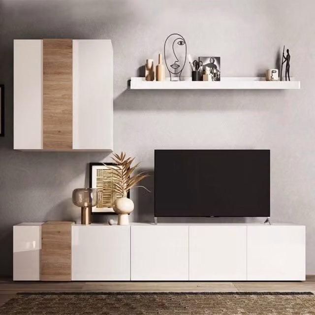 Parete attrezzata Sabry Effezeta Italia in bianco lucido e rovere Kadiz, L: 301 cm