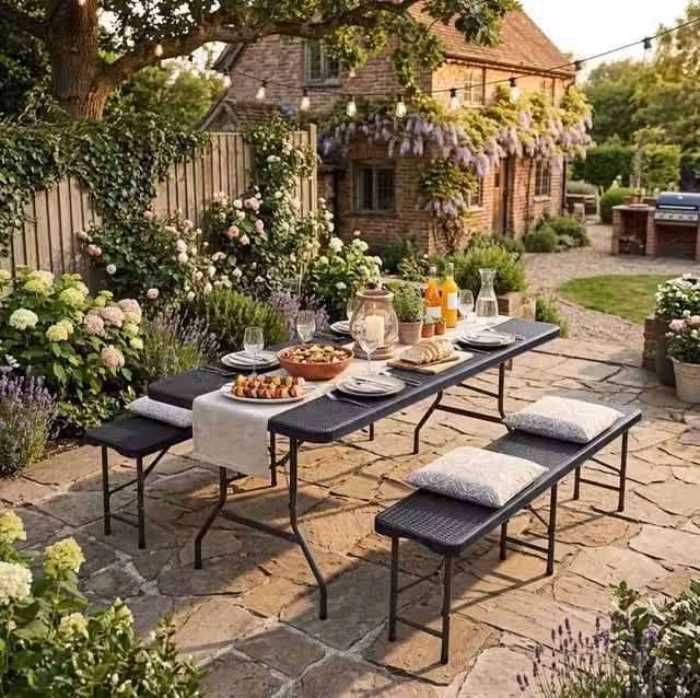 Set da picnic pieghevole 3 pezzi con tavolo 180 cm e 2 panche, piano in HDPE con motivo a legno, nero