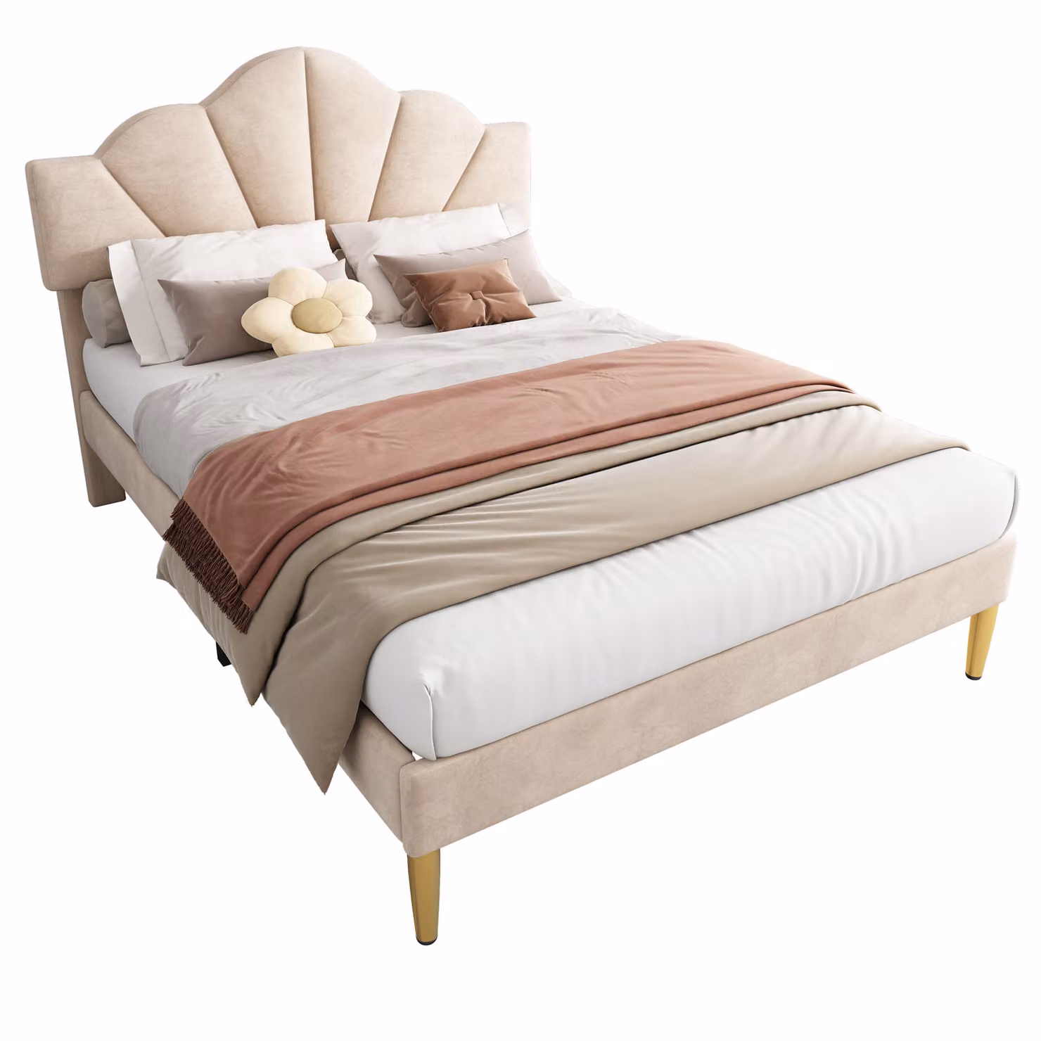 Letto imbottito 140x190 cm, color beige, rivestito in velluto, con struttura a listelli in legno, testiera a forma di conchiglia e testiera regolabile in altezza, ideale per la camera da letto