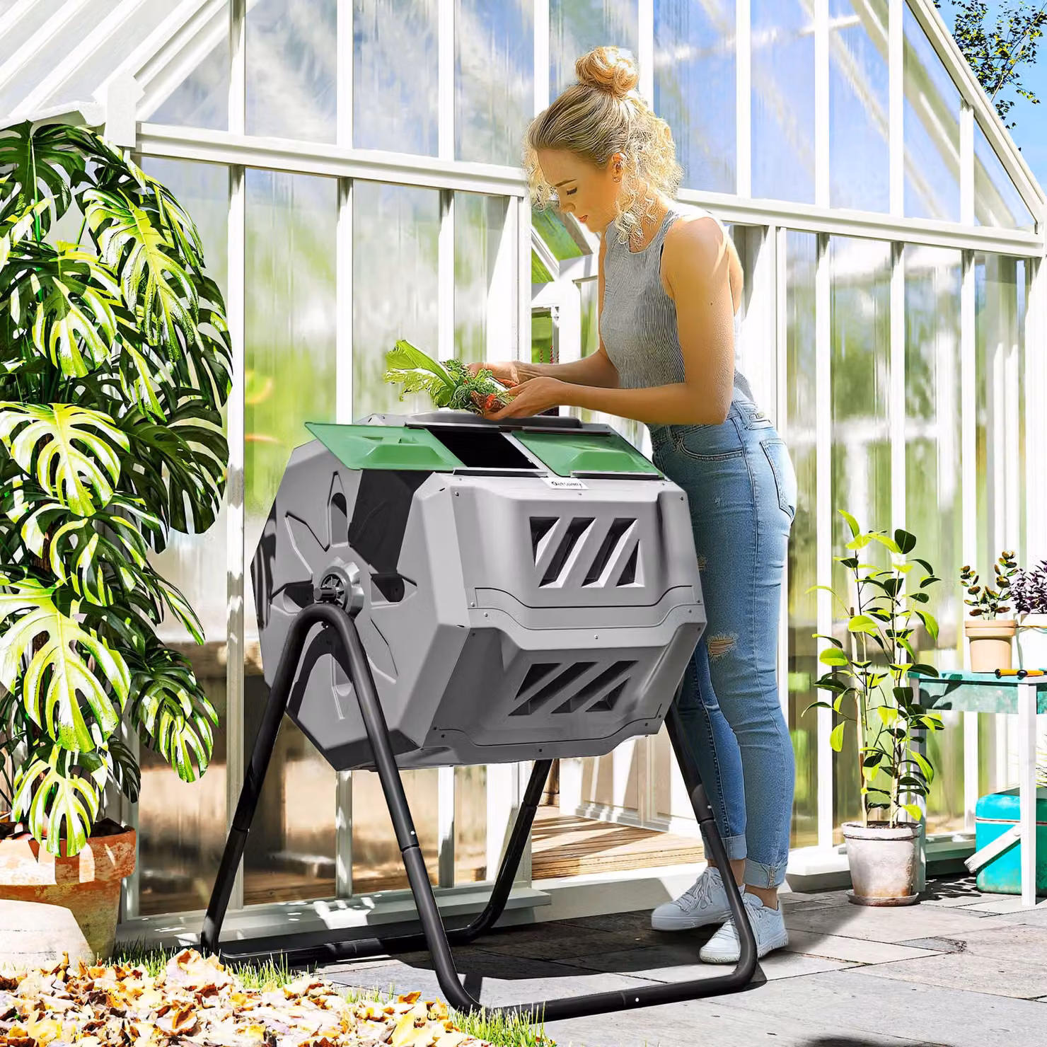 Compostiera da giardino girevole a 2 sezioni Outsunny con 8 prese d'aria in acciaio e PP, Grigio, L: 71 cm, P: 65 cm, H: 96 cm – 2