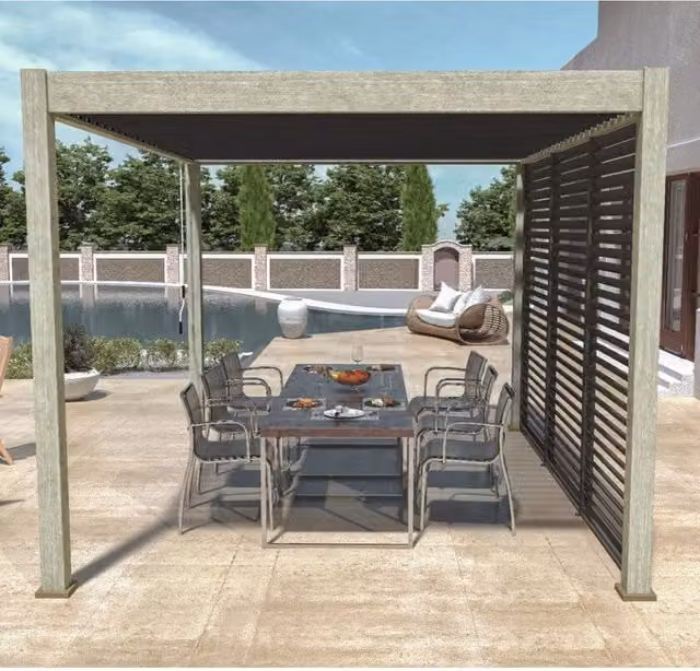 Pergola bioclimatica Ombréa autoportante Woodlook/Antracite con pannello frangivista 1M Antracite VS L: 4 m, P: 3 m