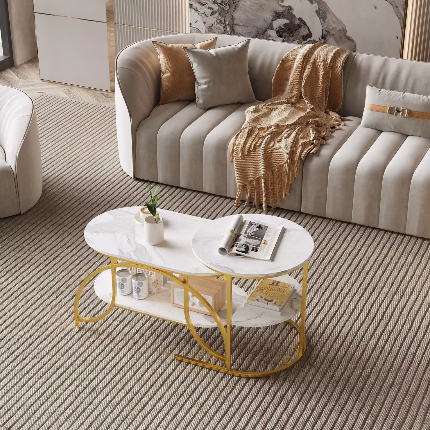 UnboxG set di 2 tavolini in marmo - tavolino rotondo e ovale, oro con struttura in metallo, 80x46x45 cm + 52x52x51 cm, tavolino da salotto moderno