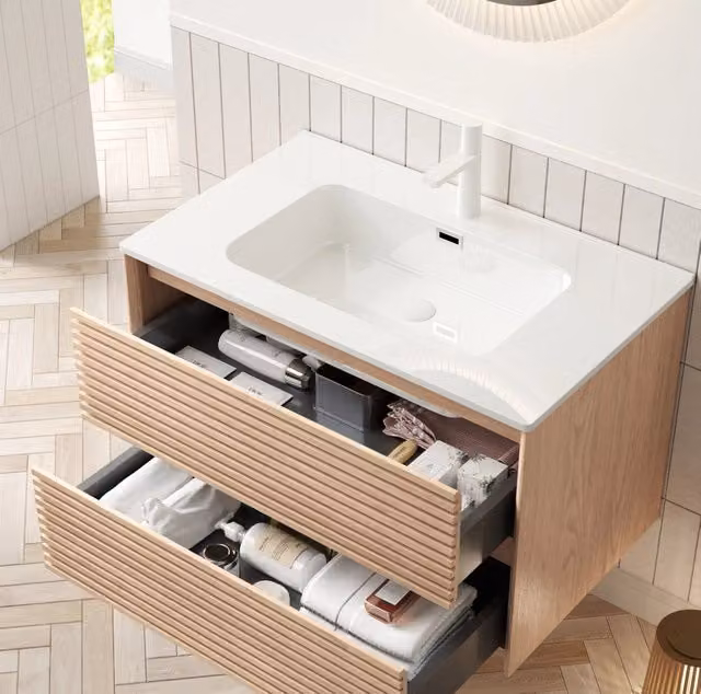 Mobile bagno sospeso 81 cm con lavabo rettangolare in ceramica bianca e vano in compensato noce con 2 cassetti, montato