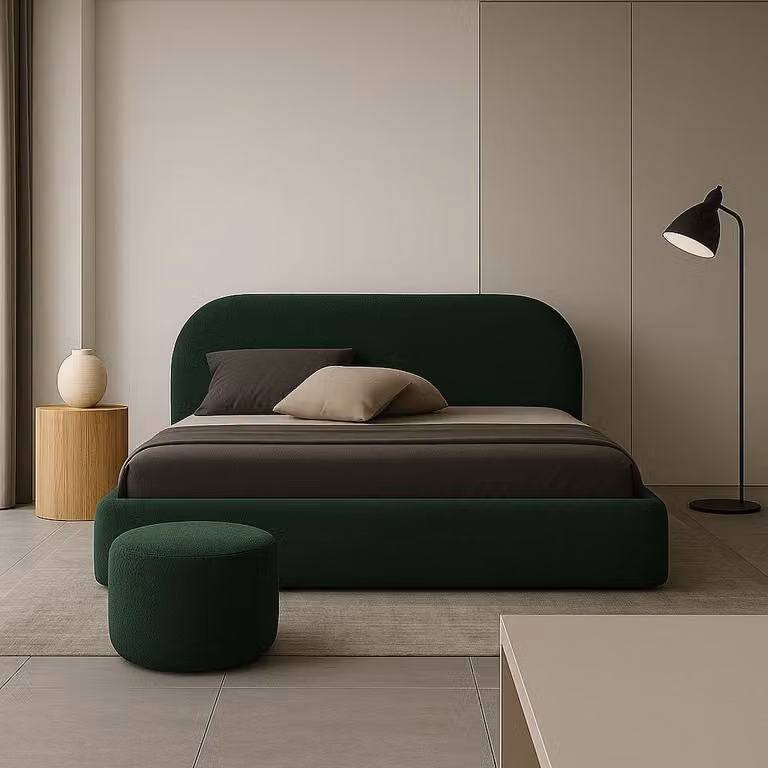 Letto imbottito moderno Sofello 90-200x200 con testiera arrotondata, MOON Verde Scuro 120x200, base a doghe in metallo, tessuto bouclé Teddy di alta qualit?, letto e contenitore