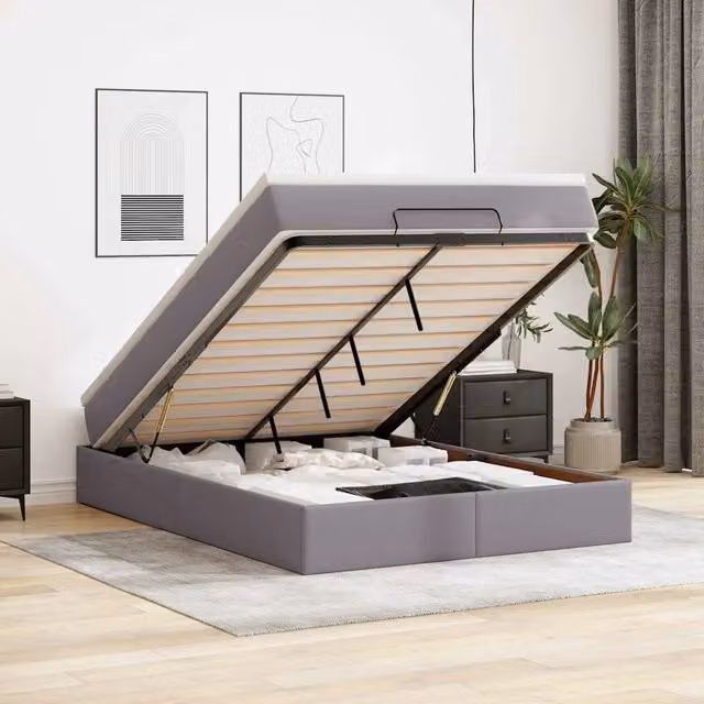 Struttura Letto Pouf con Materasso Grigio 140x200 cm Similpelle 3311044