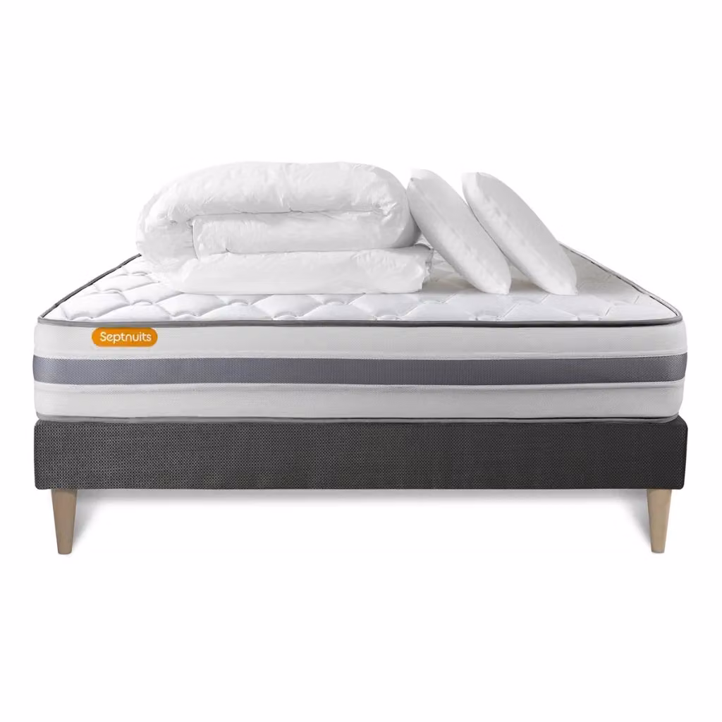 Set letto completo Septnuits grigio con materasso a molle pocket, box spring imbottito, doghe, 2 cuscini e piumino, L/P: 200 x 200 cm – 2