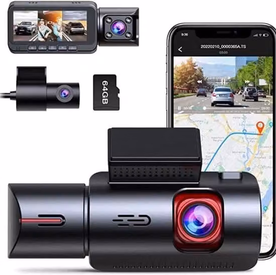 Triple Dashcam Auto con Camera 360 Gradi, Risoluzione 4K UHD, Vista Anteriore, Interna e Posteriore, Visione Notturna e Sensore G, Colore Nero