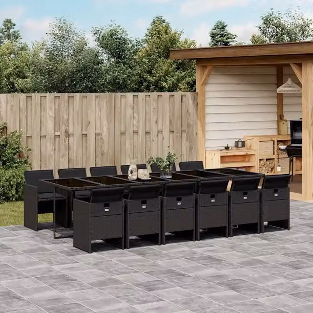 Set da Pranzo da Giardino vidaXL in Polyrattan Nero con Cuscini e Tavolo in Vetro, 13 Pezzi