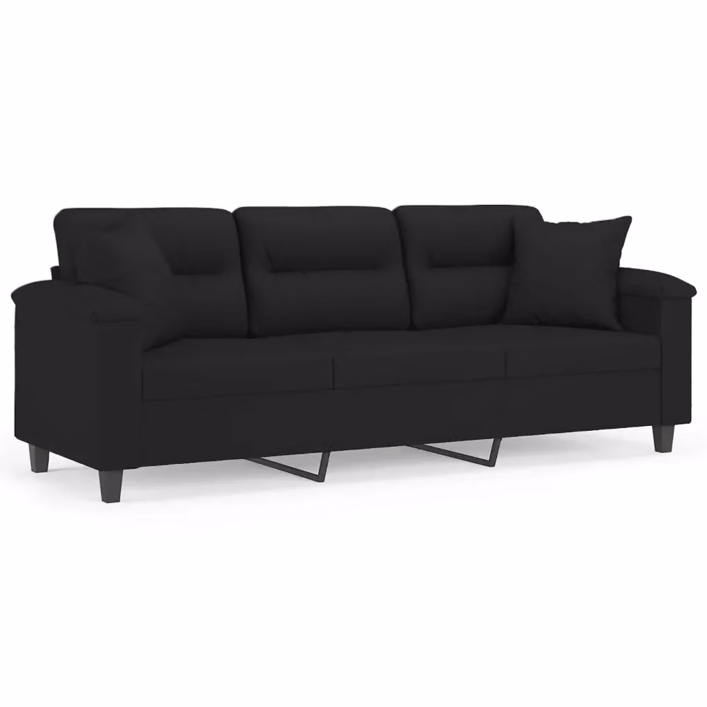 Divano a 3 posti moderno vidaXL in microfibra nera con cuscini e struttura in metallo L: 210 cm, P: 80 cm, H: 77 cm – 2