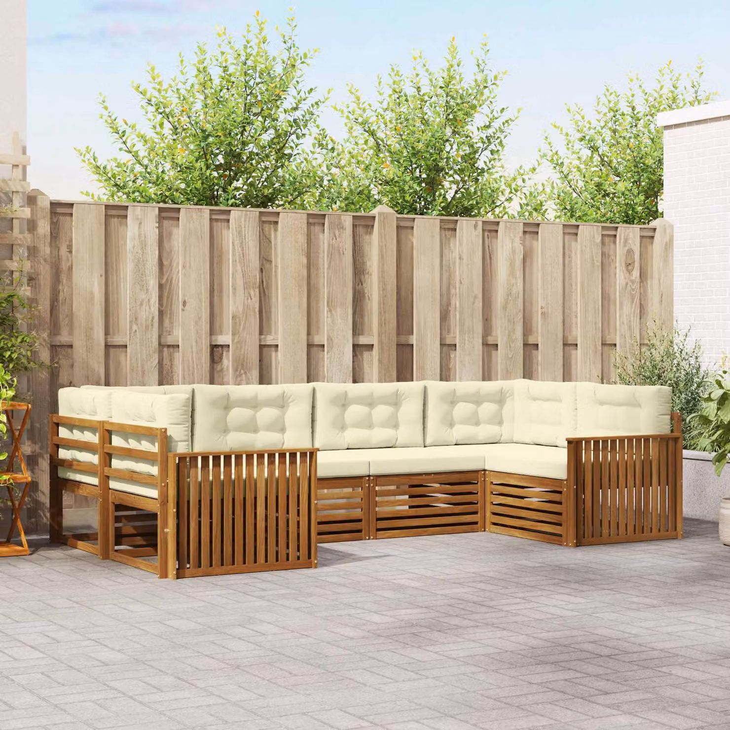 Set di divani da esterno vidaXL 6 pz in legno di acacia con cuscini, forma a L, beige e bianco