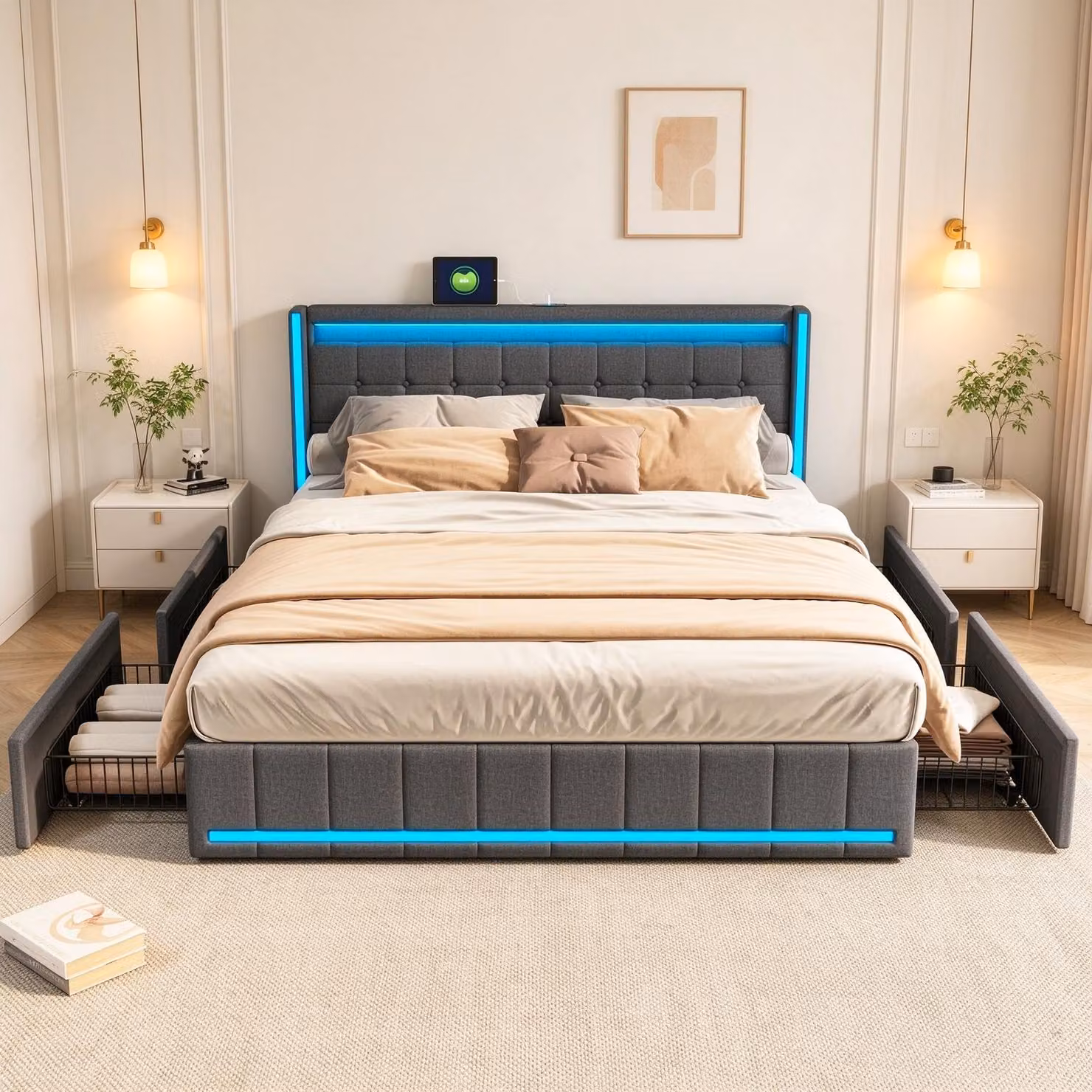 Letto imbottito INONEFT, 140x190 cm, con 4 cassetti, letto per ragazzi/matrimoniale con USB/Tipo-C e LED, letto contenitore in legno massello con rete a doghe, tessuto in lino, colore grigio