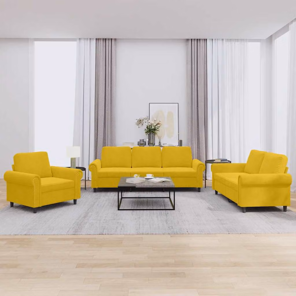 Set di divani 3 pezzi vidaXL in velluto giallo con cuscini per soggiorno moderno