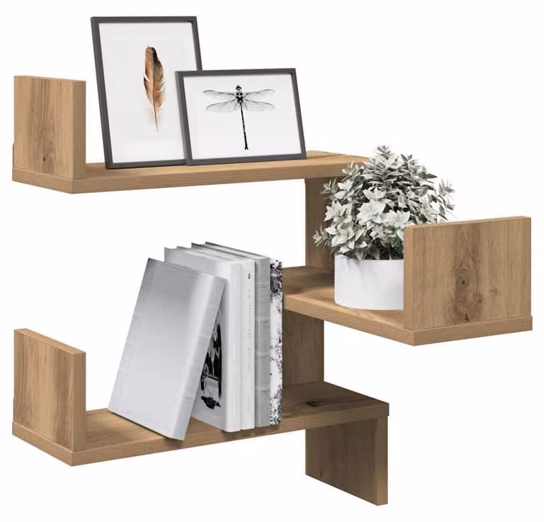 Mensola angolare a parete, realizzata in legno impiallacciato effetto quercia, lavorazione artigianale, confezione singola