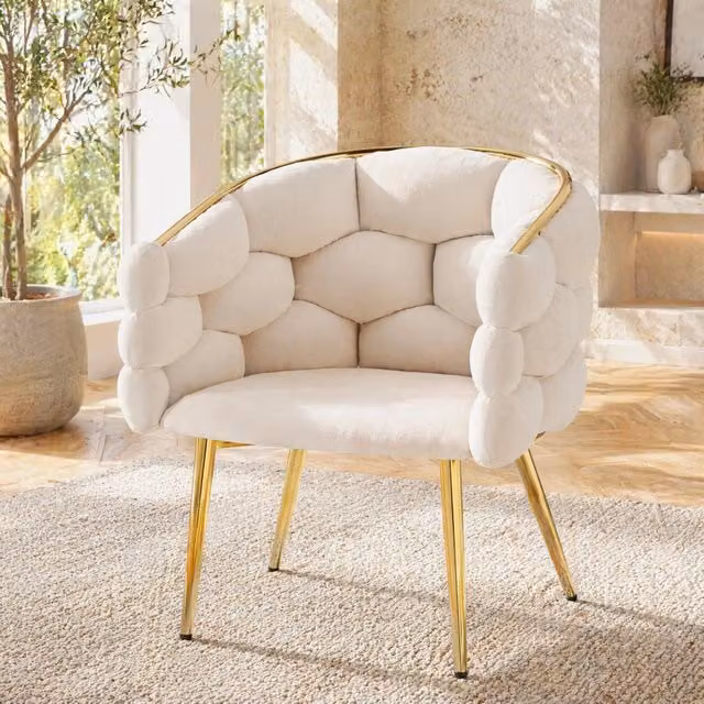 Set di 2 Sedie da Pranzo in Velluto Beige con Gambe in Metallo Dorato, Dimensioni 44x41x74 cm