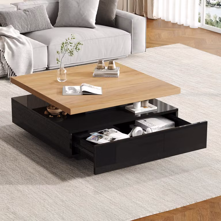 Tavolino okwish con design rotante a 360°, tavolino da salotto lucido con 2 ripiani, tavolino da divano con spazio di archiviazione nascosto, pannello di particelle, colore legno naturale + nero