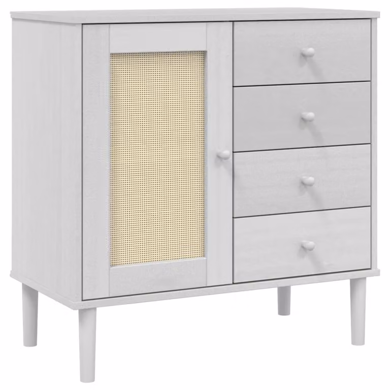 Credenza SENJA Aspetto Rattan Bianco 80x40x80 cm Massello Pino