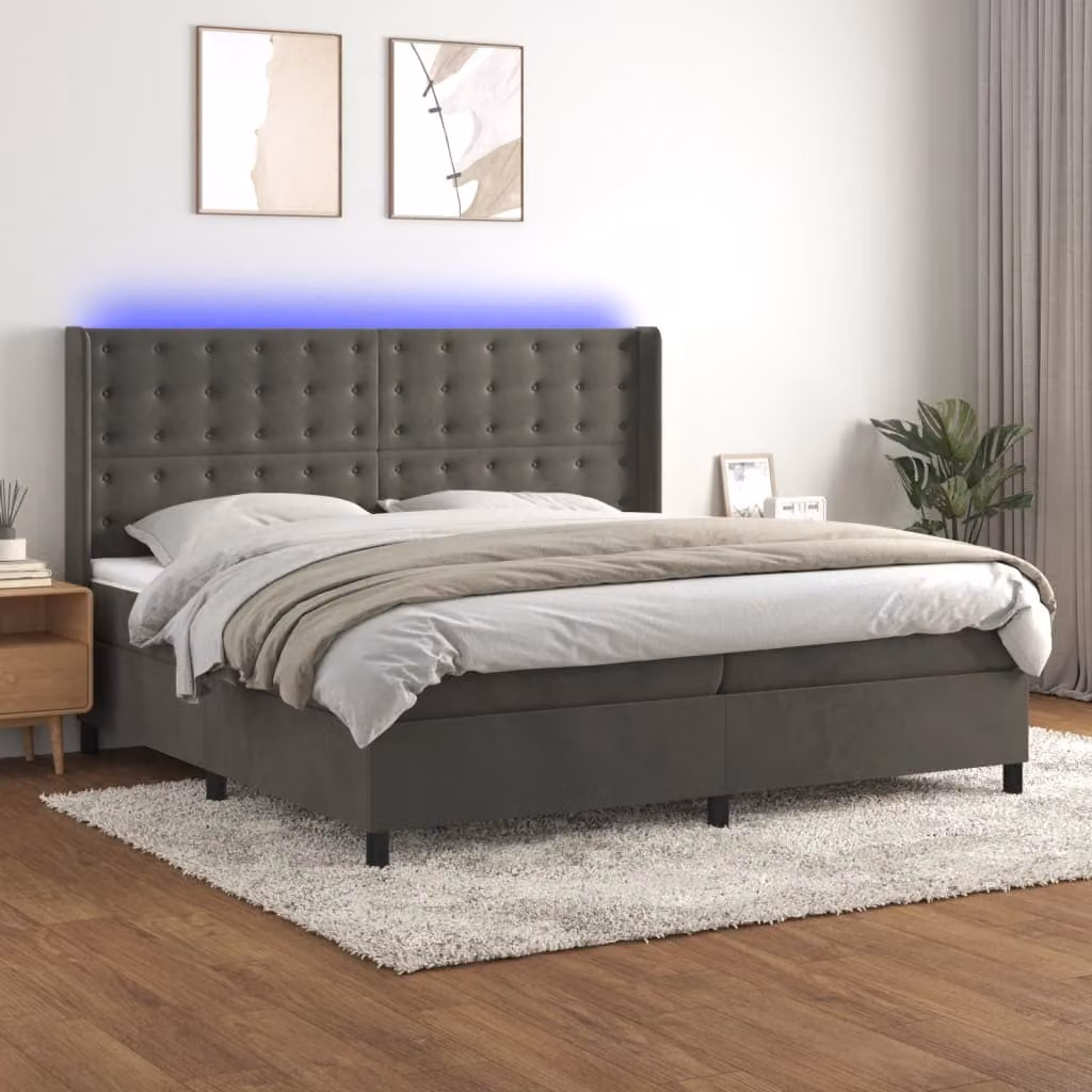 Letto Ibrido vidaXL con Materasso, Illuminazione LED Sotto il Letto e Porte USB, Rivestimento in Velluto Grigio, L/P/H: 200 x 203 x 128 cm – 1
