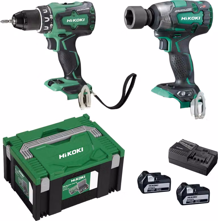 Kit combinato a batteria HiKOKI KC18DPLWDZ 18 V, trapano avvitatore a batteria, avvitatore a percussione a batteria, 2 batterie ricaricabili 5Ah, caricabatterie, scatola HCS III SET