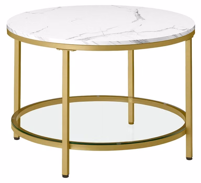 Tavolino da caffè in marmo, bianco e oro chiaro – design moderno – vetro e acciaio – 65 x 46 x 73,5 cm