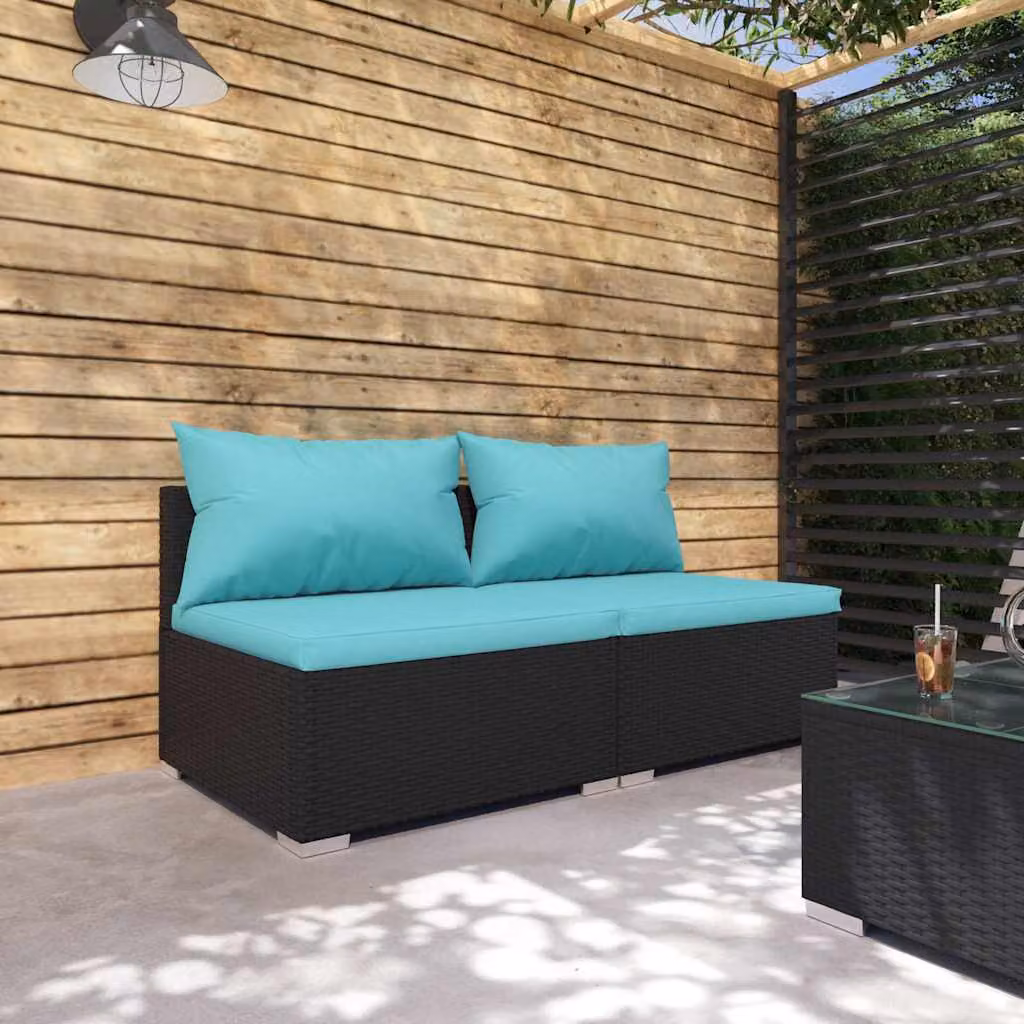 Set di divani da giardino vidaXL con cuscini in tessuto rimovibile, struttura in metallo nero e design moderno in rattan