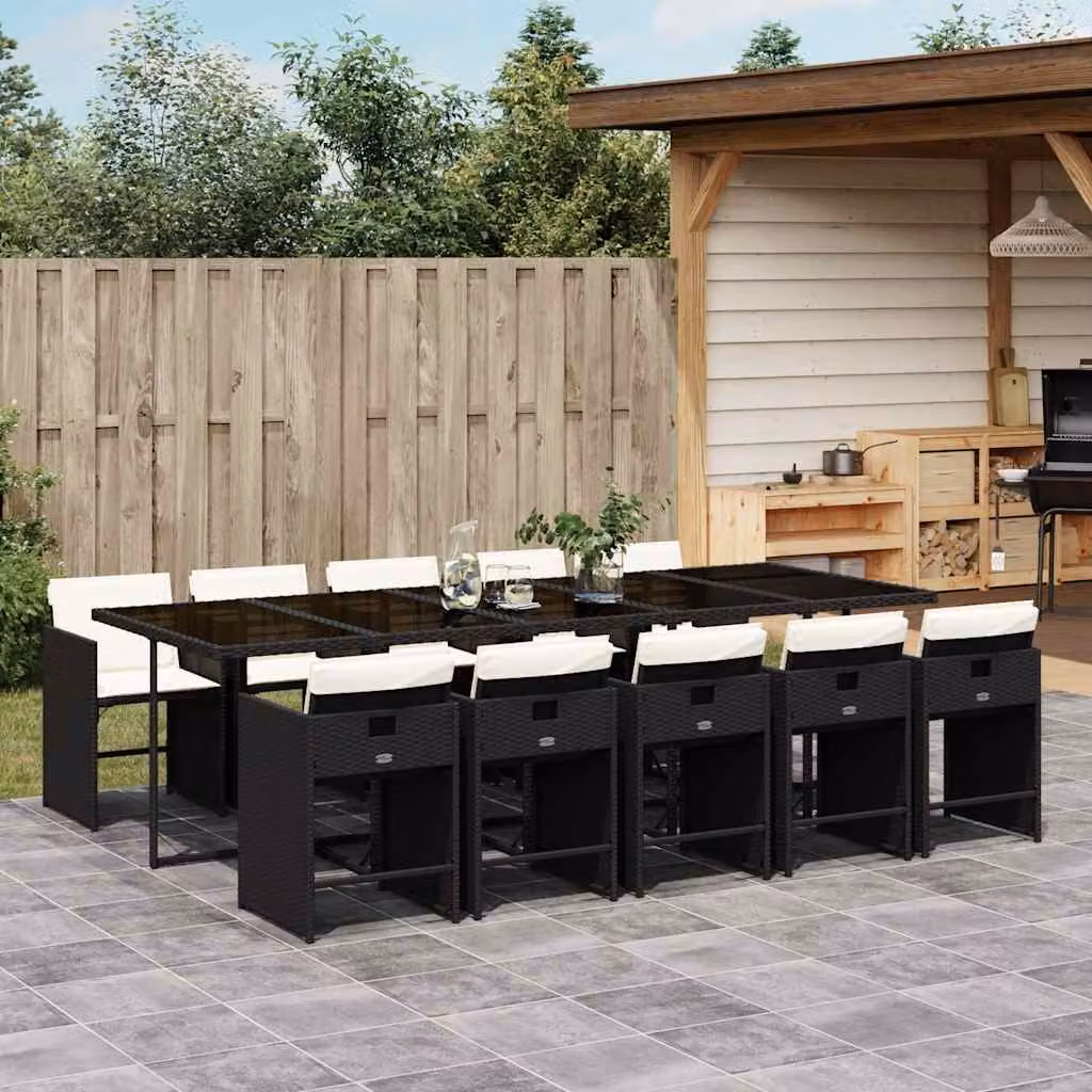 vidaXL Set da Pranzo da Giardino 11 pz in Polyrattan con Piano in Vetro e Cuscini Nero e Bianco – 1