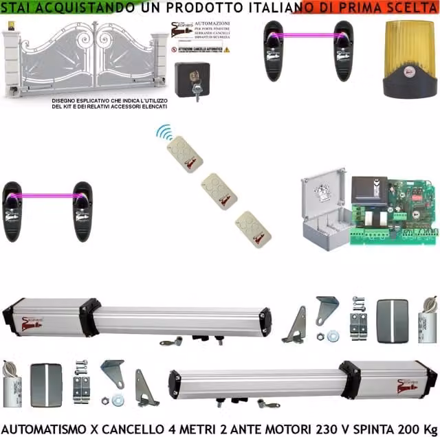 Automatismo Cancello 4 Metri 2 Ante da 2 MT Kit 2 Motori Elettromeccanici 230 V Corsa 300 mm Spinta 2 Q.li Sblocco Staffe 3 Radiocomandi 2 Coppie Fotocellule Selettore 2 Chiavi Faro Movimenti Cartello