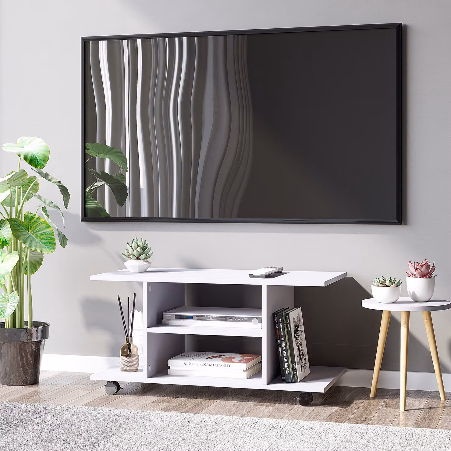 Mobile porta TV HOMCOM in legno bianco con ruote L: 80 cm, P: 40 cm, H: 40 cm – 2